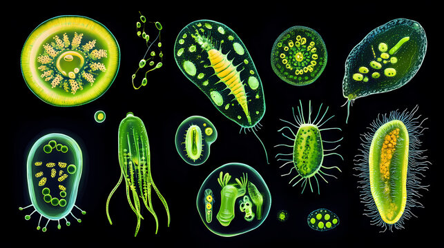 Unicellular organisms or protozoa, single-celled organisms microorganisms such as archaea, bacteria or protists swim in water. Archaea. Illustration