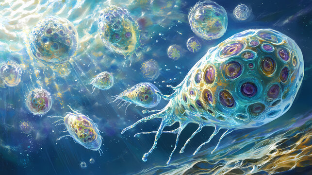 Unicellular organisms or protozoa, single-celled organisms microorganisms such as archaea, bacteria or protists swim in water. Archaea. Illustration