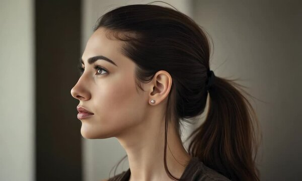 Elegant Woman with Brown Hair in a Ponytail, Perfect for Advertising Beauty Products, Fashion, and Makeup