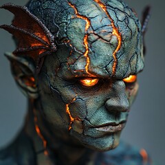 Frankenstein-inspired head with stitched dragon wings and glowing ember bolts