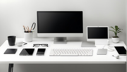 Fototapeta premium minimalist desk with laptop keyboard and gadgets on a white surface