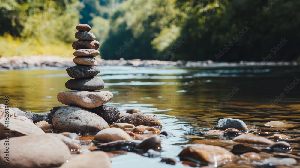 Poster a calm rock balancing spot with stones and pebbles neatly stacked by a river, a tranquil riverside w