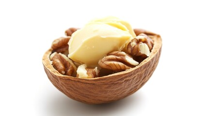 Gorgeous close-up of a nut filled with rich butter, showcasing its smooth texture and detailed filling against a clean white background. This image highlights the luxurious combination of nut