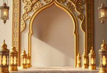 Set of Ramadan background grand golden arch adorned with intricate arabesque patterns surrounded by several golden Arabic lanterns casting soft light