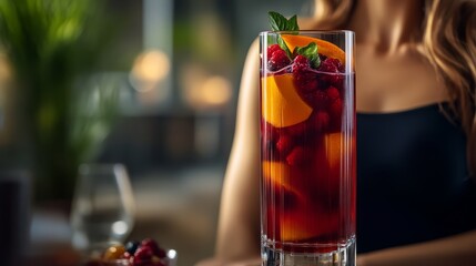 A vibrant glass of mixed fruit cocktail garnished with mint, set against a blurred background, exuding a refreshing summer feel.