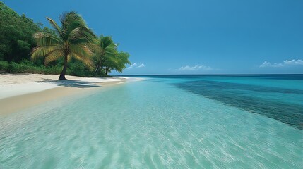 Fototapeta premium Tropical Beach Scene With Palm Trees And Clear Water