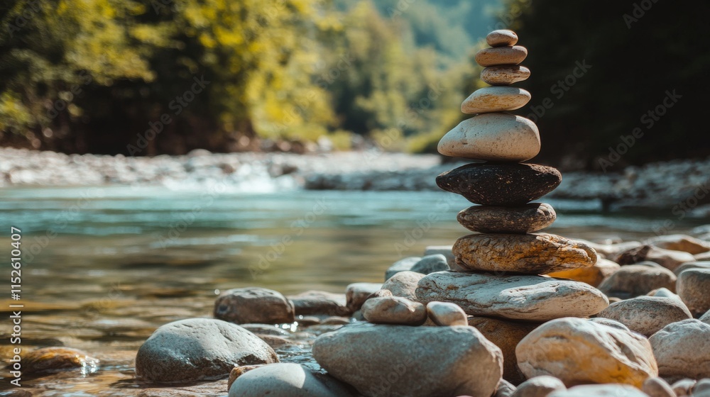 Poster a calm rock balancing spot with stones and pebbles neatly stacked by a river, a tranquil riverside w