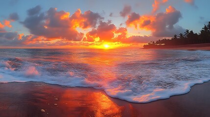 Vibrant Sunset Over Tropical Beach Ocean Waves