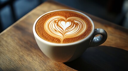 A beautifully crafted latte art heart atop a cup of coffee, resting on a wooden table, evoking warmth and comfort.