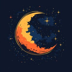 Naklejka premium A stylized crescent moon in orange and blue hues surrounded by stars and clouds.