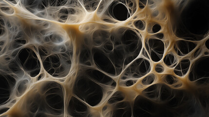 A detailed network of fine, translucent, web-like fibers stretching across a dark, void-like background - Generative AI