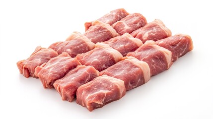 Fototapeta premium Homemade Thai pork skewers served on a white background, grilled to perfection with a savory marinade, showcasing tender, juicy pieces of pork skewered with colorful bell peppers, onions, and aromatic