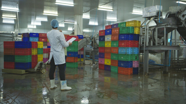 Production control supervisor inspects and controls the operation of each step in the production line of a canned fish factory