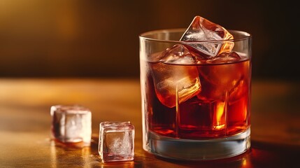 A glass of dark cocktail with ice cubes, set on a wooden surface, illuminated by warm light, creating a cozy atmosphere.