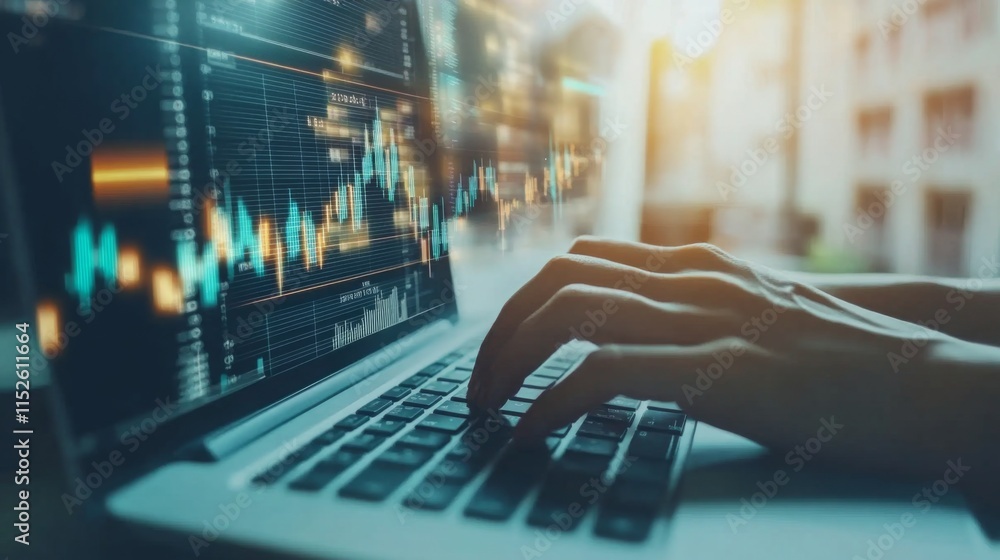 Leinwandbilder a person is typing on a laptop with financial graphs and data displayed, symbolizing analysis and di