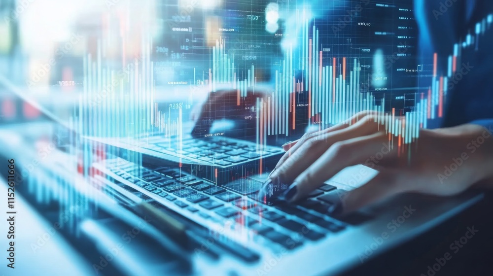 Poster a person types on a laptop with digital data visualization focusing on analysis and technology, repr