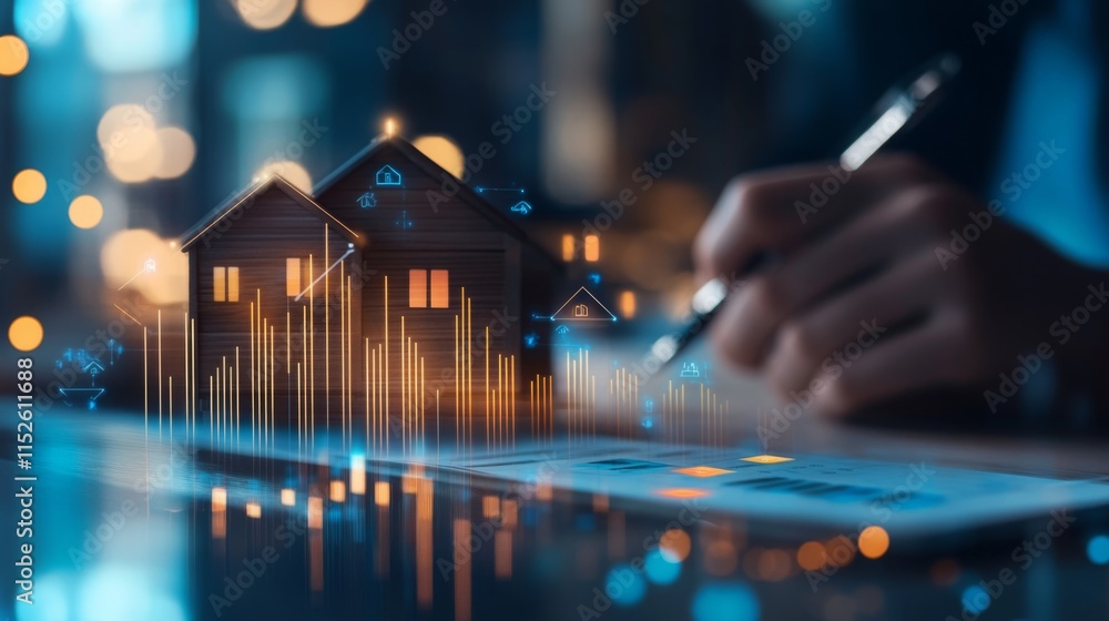 Poster A hand writes on a document while a digital model of houses and data visualizations appear, symbolizing innovation in real estate and finance.