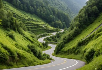 Fototapeta premium Curvy mountain road surrounded by lush greenery, with a cut-out effect highlighting the winding path.