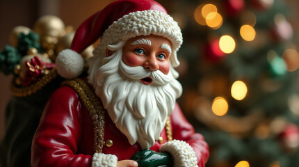 Festive Christmas Statue of Traditional Santa Claus with Gift Bag Holiday Background Illustration