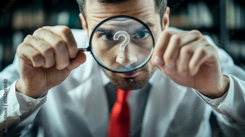 Poster A focused man in a lab coat examines a question mark through a magnifying glass, symbolizing inquiry and investigation.