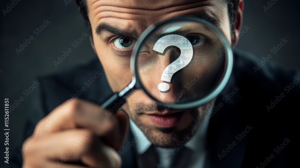 Aufkleber a man in a suit closely examines a question mark through a magnifying glass, conveying curiosity and