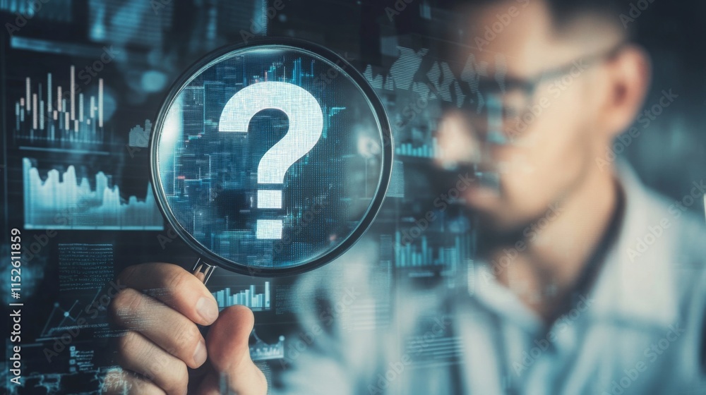 Poster a person examines data through a magnifying glass featuring a question mark, symbolizing inquiry and