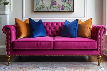 Hot pink velvet loveseat bench sofa with gold legs and studded backrest trim, contemporary-style home decor in a white room with wall art mockup for small spaces.