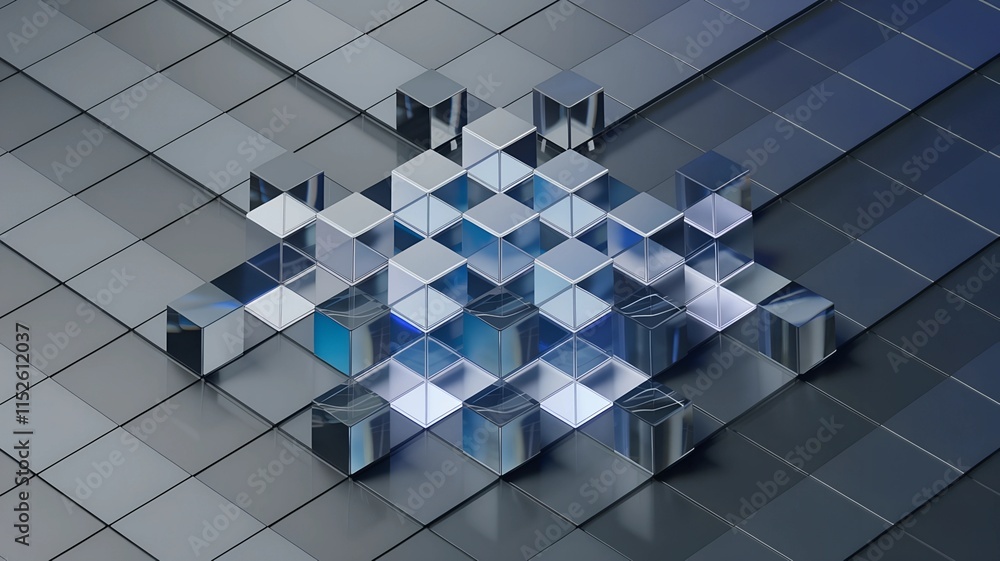 Aufkleber abstract 3d render of glossy cubes: geometric pattern of silver and blue cubes on a dark gray backgr