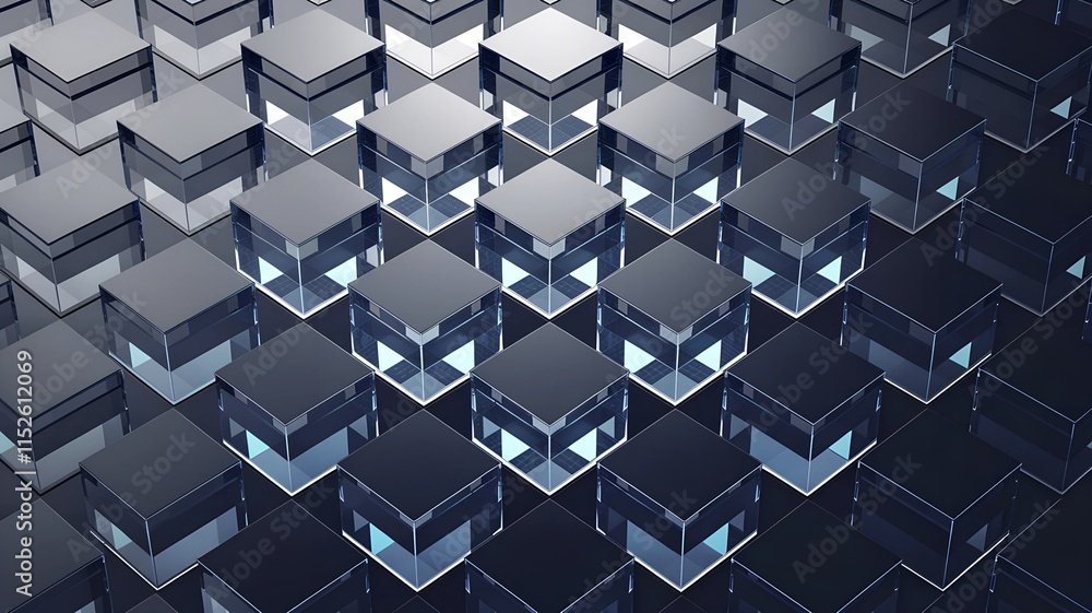 Aufkleber abstract 3d rendering of dark gray glass cubes with subtle blue interior lighting, creating a geomet