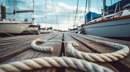 Obraz premium A calm sailing club dock with neatly coiled ropes and well-maintained sailboats, A tranquil marina with calm waters and a clear sky, Minimalist nautical style