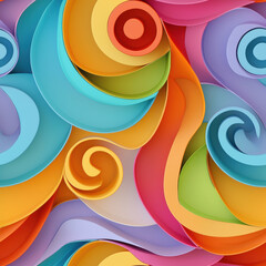 Obraz premium Colorful abstract swirl pattern with layered paper shapes in vibrant hues. This design features mix of blue, orange, green, and purple tones, creating lively and dynamic visual effect