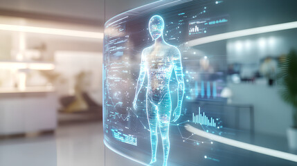 Fototapeta premium Realistic render of a holographic AI assistant projecting business insights in a sleek corporate setting 