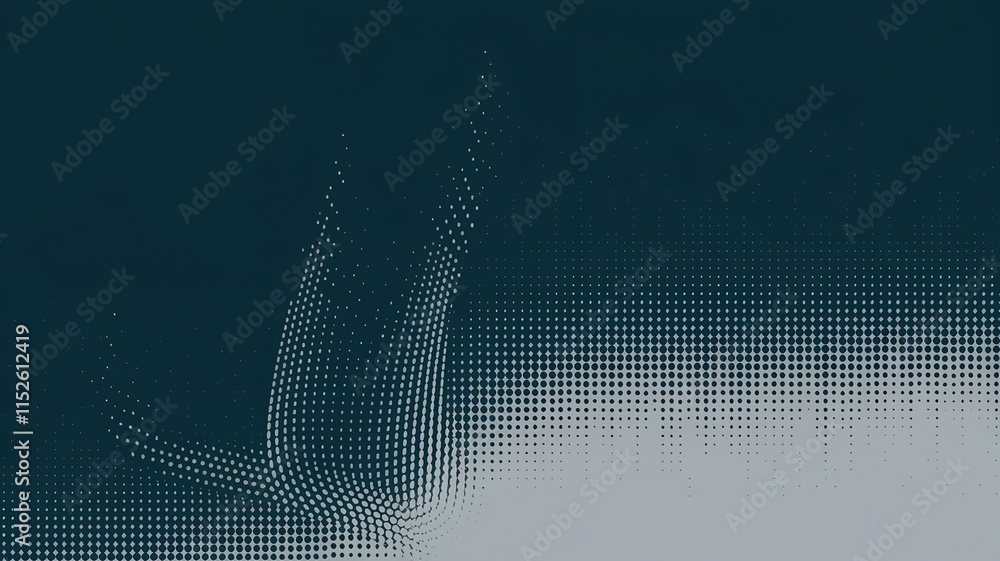 Poster abstract halftone dot pattern background: teal and gray gradient, dynamic swirling design, modern ve