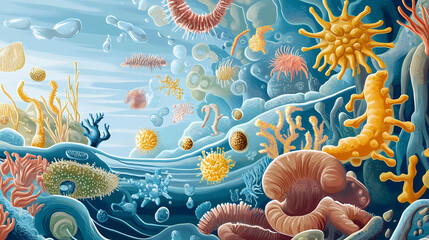 Microscopic view of diverse microbial activity in aquatic environments. Archaea. Illustration