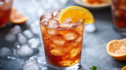A refreshing iced beverage garnished with a slice of orange, served in a glass filled with ice, perfect for warm weather enjoyment.