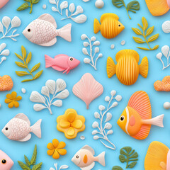 Colorful fish and aquatic plants create vibrant underwater scene, featuring various fish species and marine flora against bright blue background