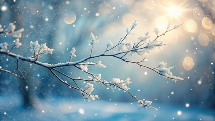 Winter Wonderland A Frosty Branch Adorned with Sparkling Snow Crystals Under a Gentle, Sunlit Sky