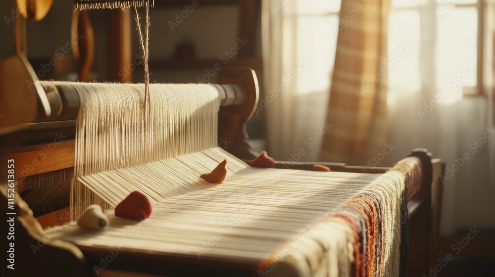 Poster a calm weaving loom setup with yarns and shuttles neatly arranged, a quiet room with soft ambient li