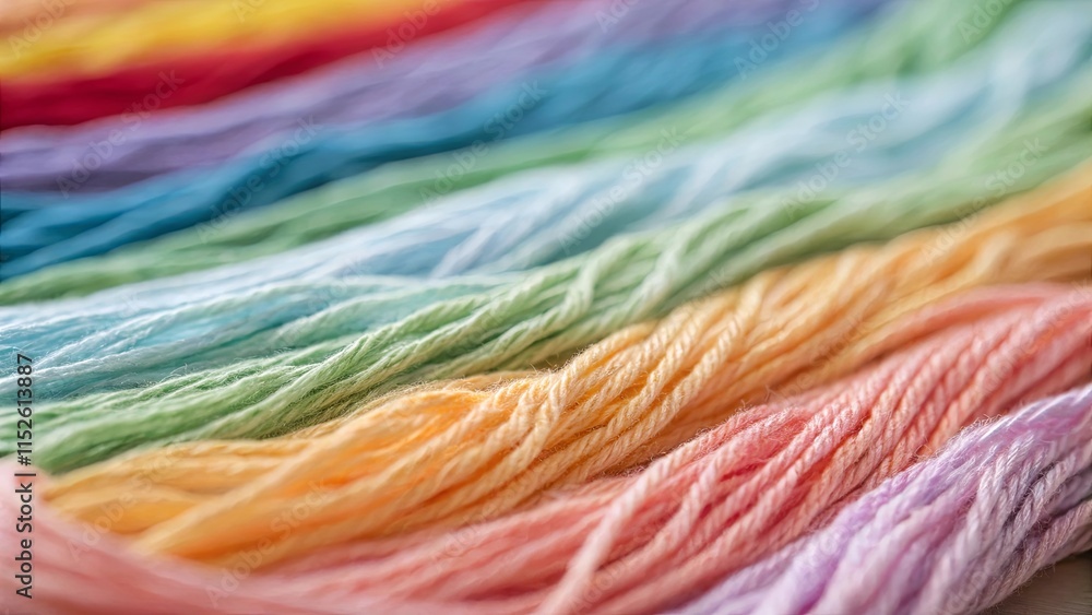 Poster A row of colorful yarns are laid out in a rainbow pattern