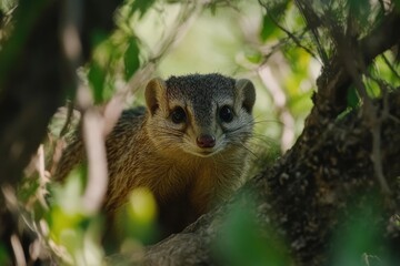 Fototapeta premium A Young Striped Dwarf Mongoose Hiding in Foliage
