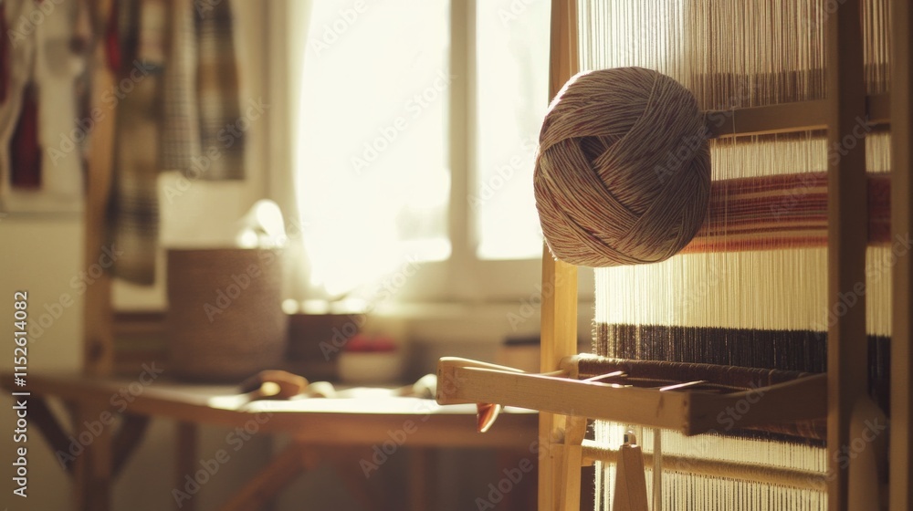 Poster A calm weaving loom setup with yarns and shuttles neatly arranged, A quiet room with soft ambient light and clean work surfaces, Minimalist craft style