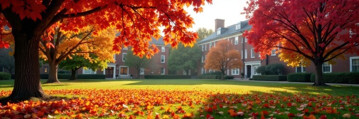 Crimson and gold leaves blanket a calm college quadrangle in morning light , red, november, landscape