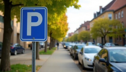 Blue parking sign on metal pole, cars parked nearby, cars, transport, zone