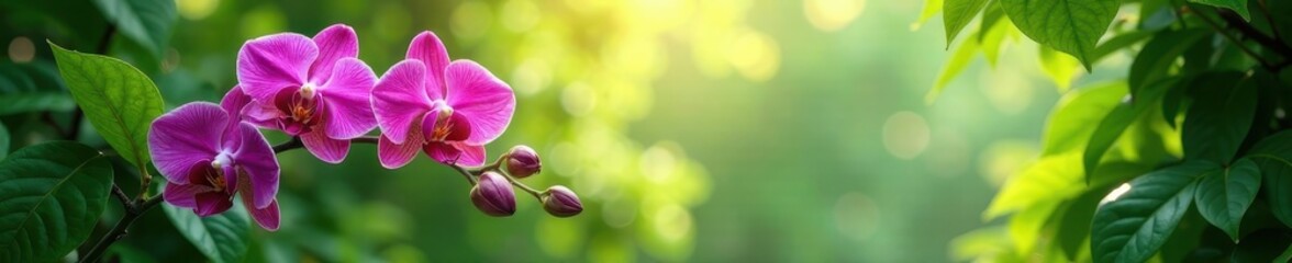 Obraz premium Lush green canopy, vibrant orchids, sunlight dappled, foliage, blossoms, view
