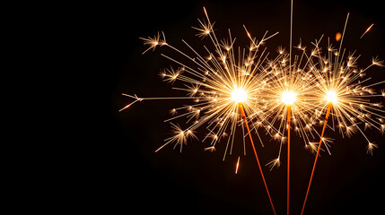 Ignite the night! Three sparklers burst with dazzling brilliance against a deep black backdrop, capturing the magic of celebration.