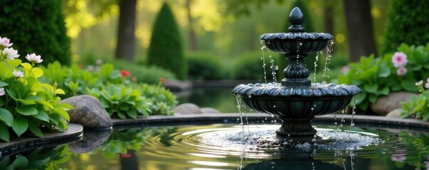Serene garden fountain, water cascading gracefully , green, fountain, detail
