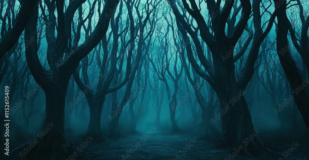 Aufkleber dense dark forest with towering trees and intricate branches at twilight