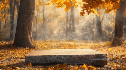 Rustic stone platform in autumnal forest scene.