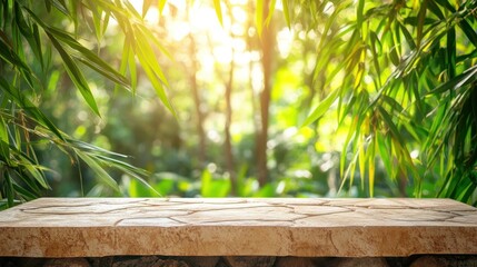 Sunny stone surface with blurred bamboo forest background.