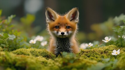 Obraz premium A curious young fox peeks through lush green moss and flowers in a serene forest setting.